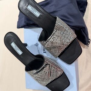 Prada Black Mules with Silver Crystal Accents